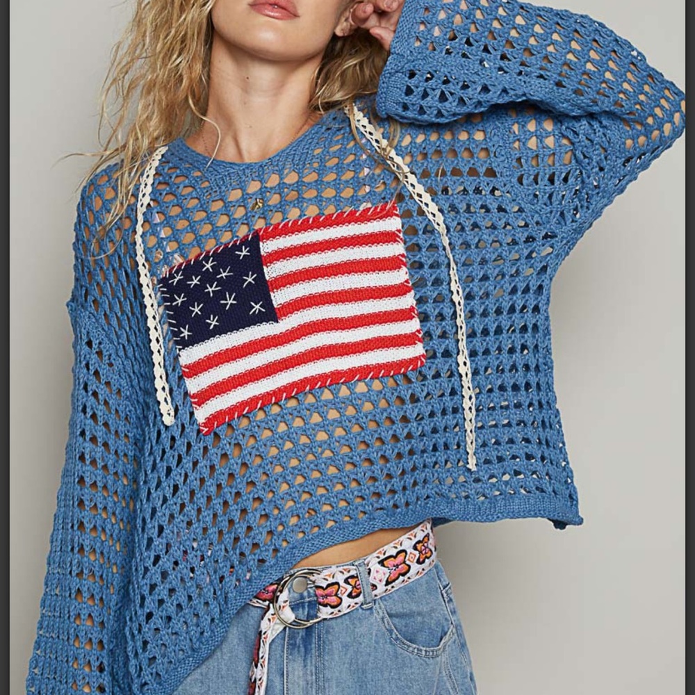 OD23-POL American Flag Crochet Hooded Sweater - Picture 2 of 8